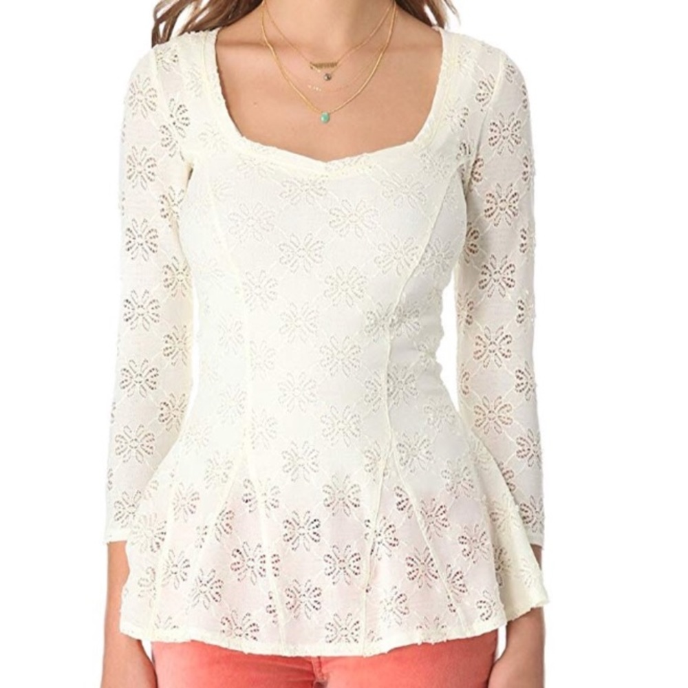 Free People Ivory Lace Peplum Quarter Sleeve Top